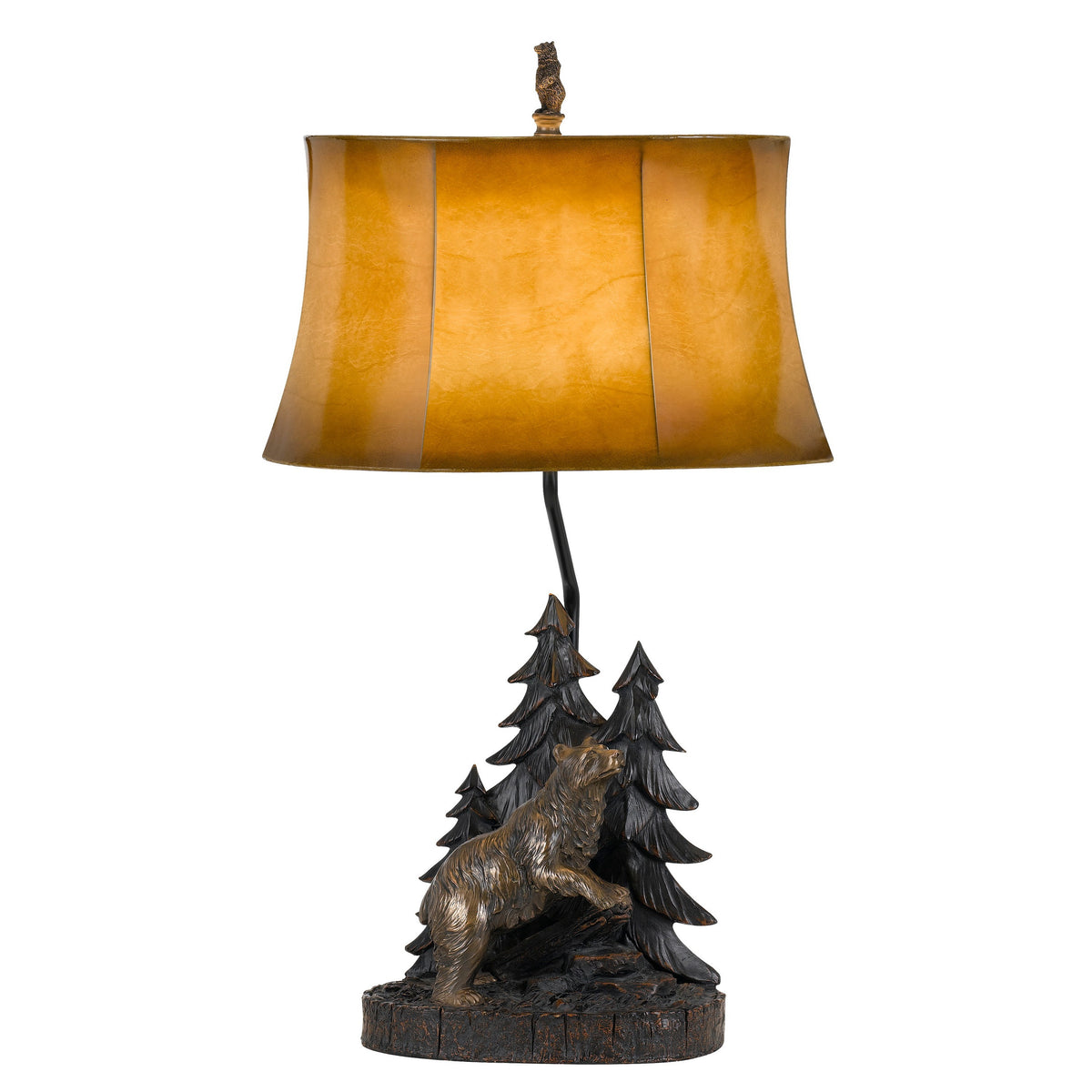 3 Way Resin Body Table Lamp with Forest and Bear Design, Brown and Black