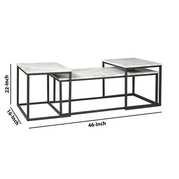 3 Piece Occasional Table, Metal Frame, Marble Top, White and Black - BM226510