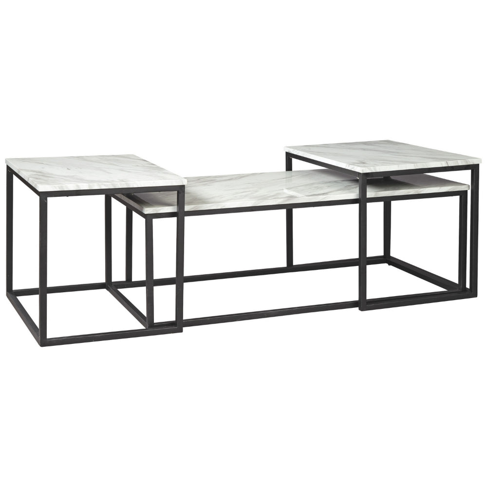 3 Piece Occasional Table, Metal Frame, Marble Top, White and Black - BM226510