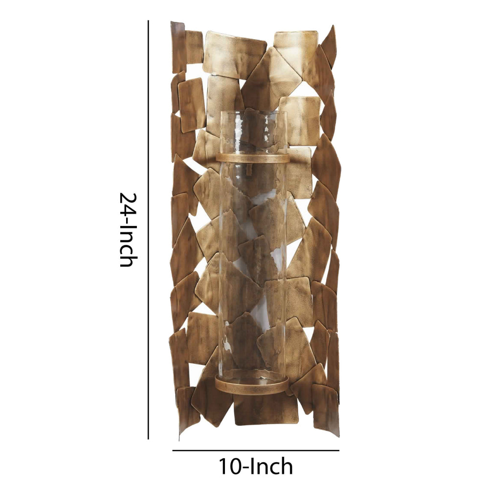 Bulged Frame Metal Wall Sconce with Candle Holder, Antique Gold and Clear - BM226522