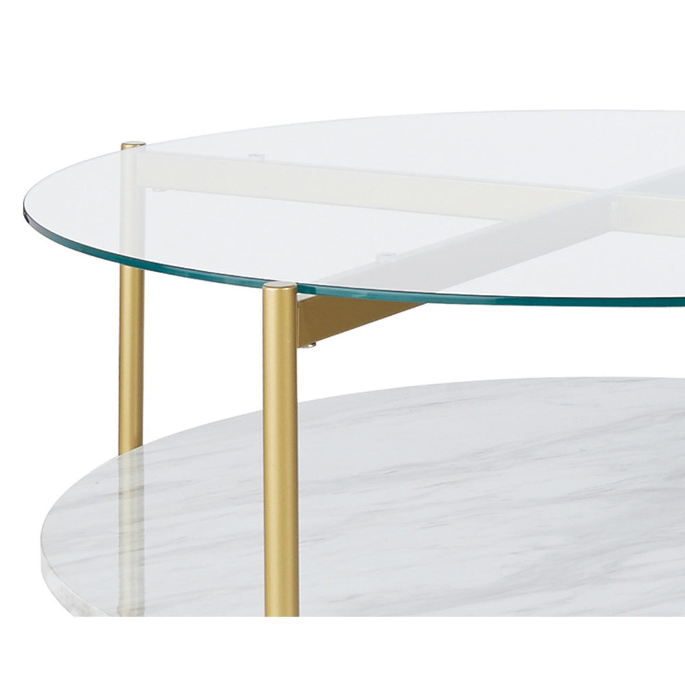 Glass Top Cocktail Table with Faux Marble Bottom Shelf, Clear and Gold - BM226524