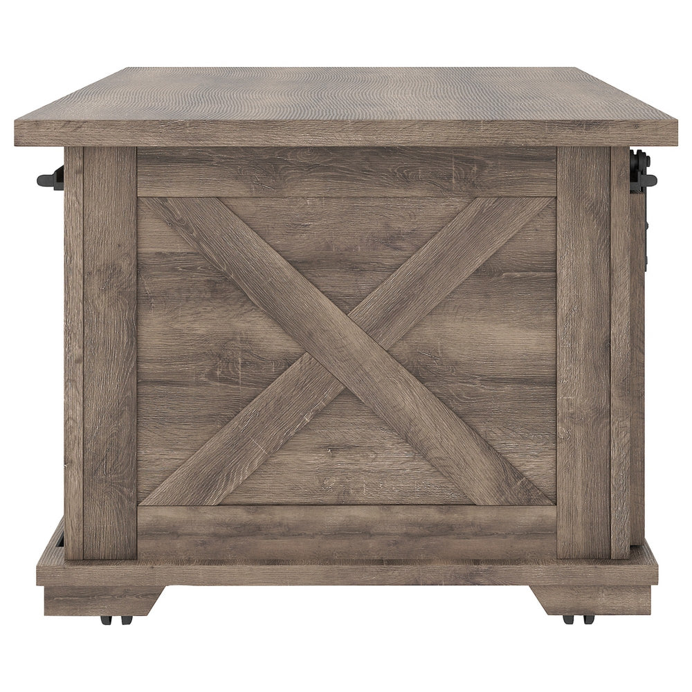 Panel Design Wooden Cocktail Table with Barn Sliding Door and Casters,Brown - BM226539