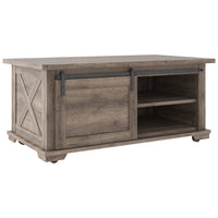 Panel Design Wooden Cocktail Table with Barn Sliding Door and Casters,Brown - BM226539