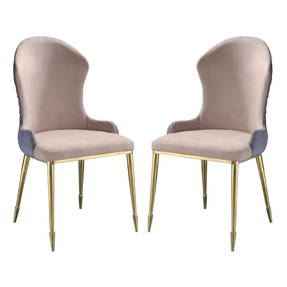 Fabric Upholstered Side Chair with Spindle Legs, Set of 2, Beige and Gold - BM226853