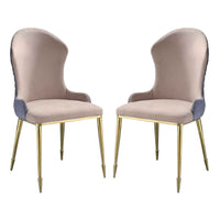 Fabric Upholstered Side Chair with Spindle Legs, Set of 2, Beige and Gold - BM226853
