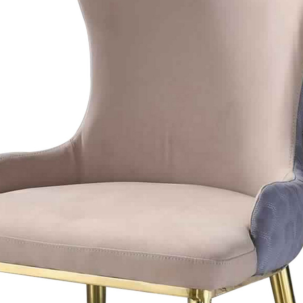 Fabric Upholstered Side Chair with Spindle Legs, Set of 2, Beige and Gold - BM226853