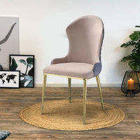 Fabric Upholstered Side Chair with Spindle Legs, Set of 2, Beige and Gold - BM226853