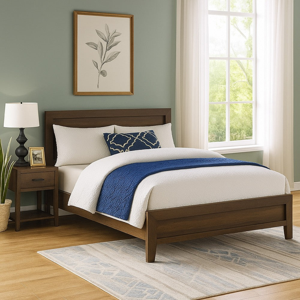 Wooden Queen Bed with Molded Trim Headboard and Chamfered Legs, Brown - BM226858