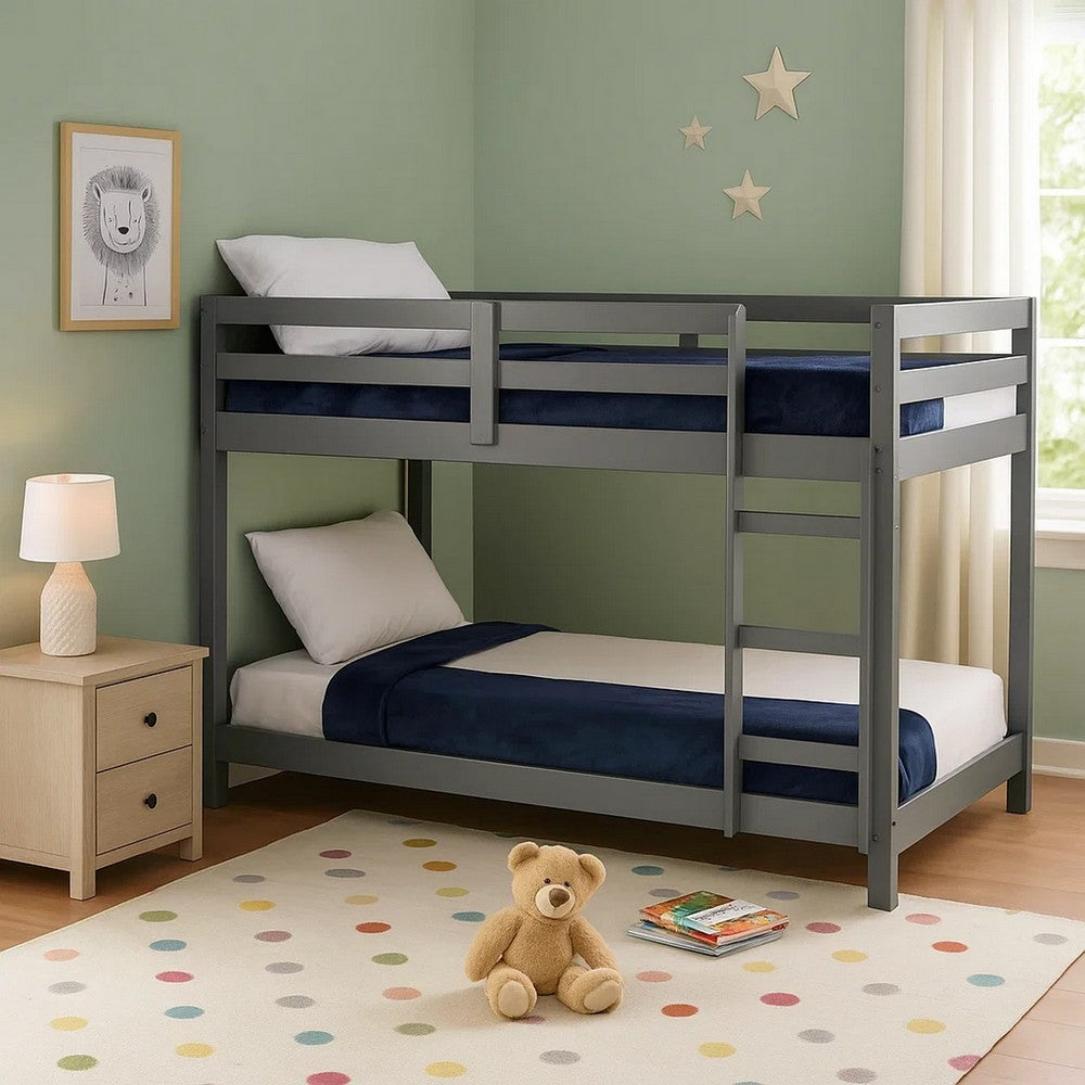 Twin Wooden Frame Loft Bed with Built In Ladder, Gray - BM226859