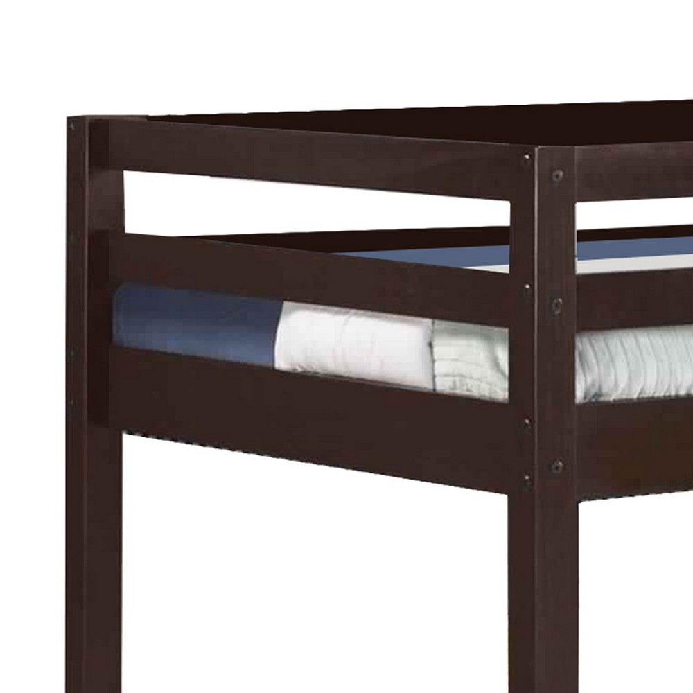 Twin Wooden Frame Loft Bed with Built In Ladder, Espresso Brown - BM226860