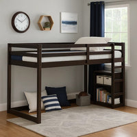 Twin Wooden Frame Loft Bed with Built In Ladder, Espresso Brown - BM226860