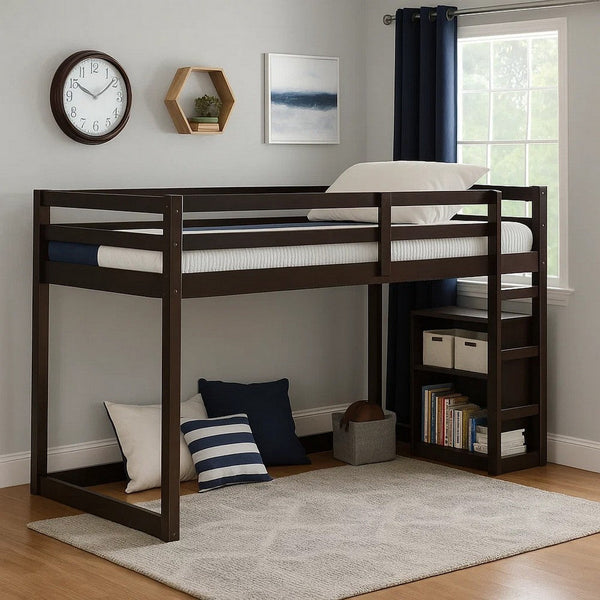 Twin Wooden Frame Loft Bed with Built In Ladder, Espresso Brown - BM226860