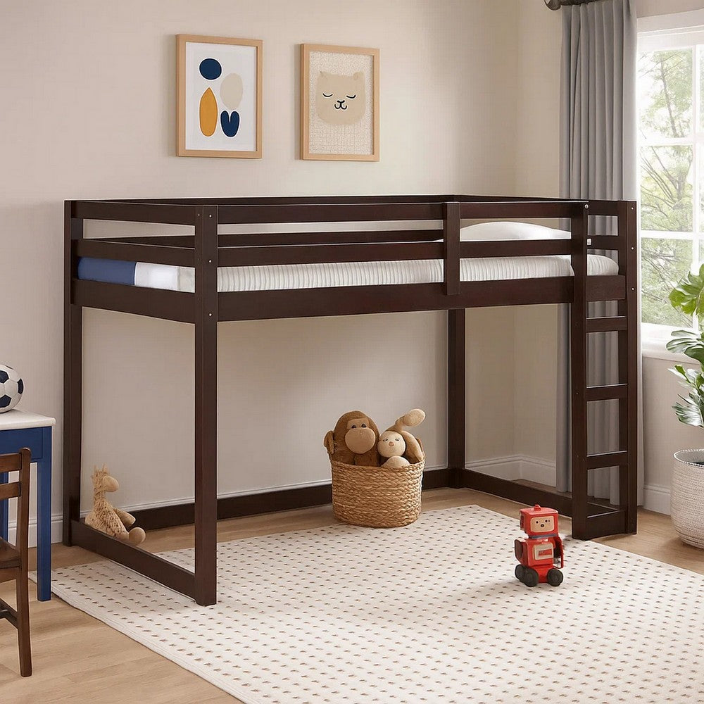 Twin Wooden Frame Loft Bed with Built In Ladder, Espresso Brown - BM226860