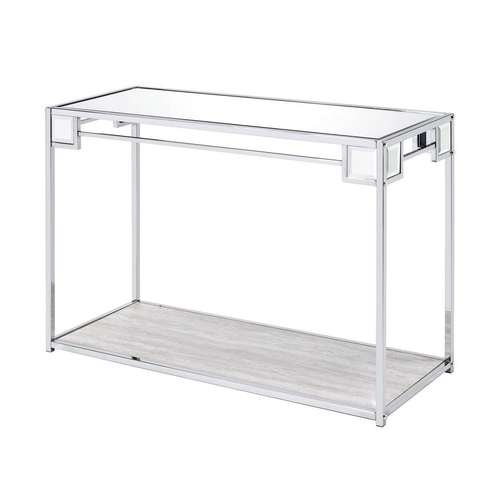 Mirror Top Metal Console Table with Wooden Open Bottom Shelf, Silver - BM226901