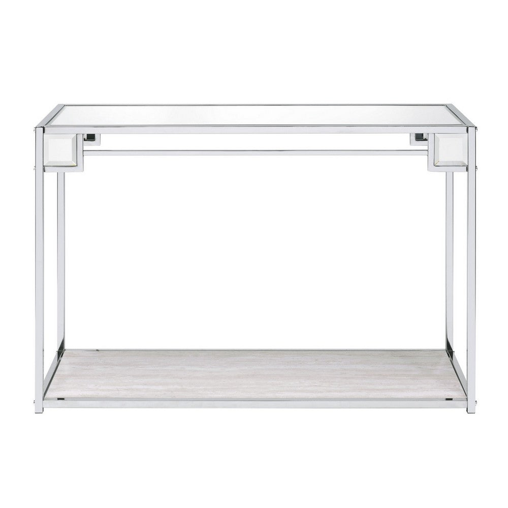 Mirror Top Metal Console Table with Wooden Open Bottom Shelf, Silver - BM226901