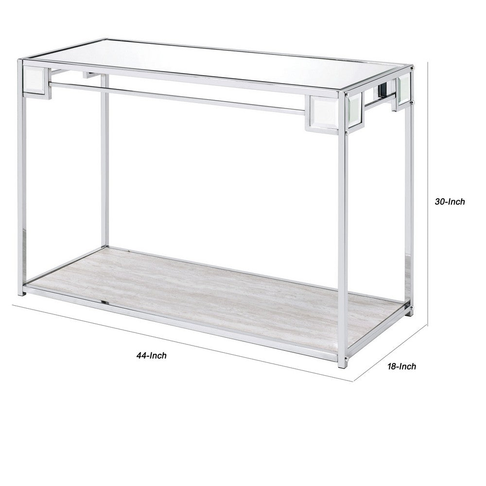 Mirror Top Metal Console Table with Wooden Open Bottom Shelf, Silver - BM226901