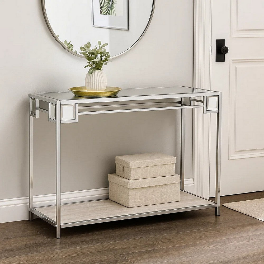 Mirror Top Metal Console Table with Wooden Open Bottom Shelf, Silver - BM226901