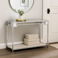 Mirror Top Metal Console Table with Wooden Open Bottom Shelf, Silver - BM226901