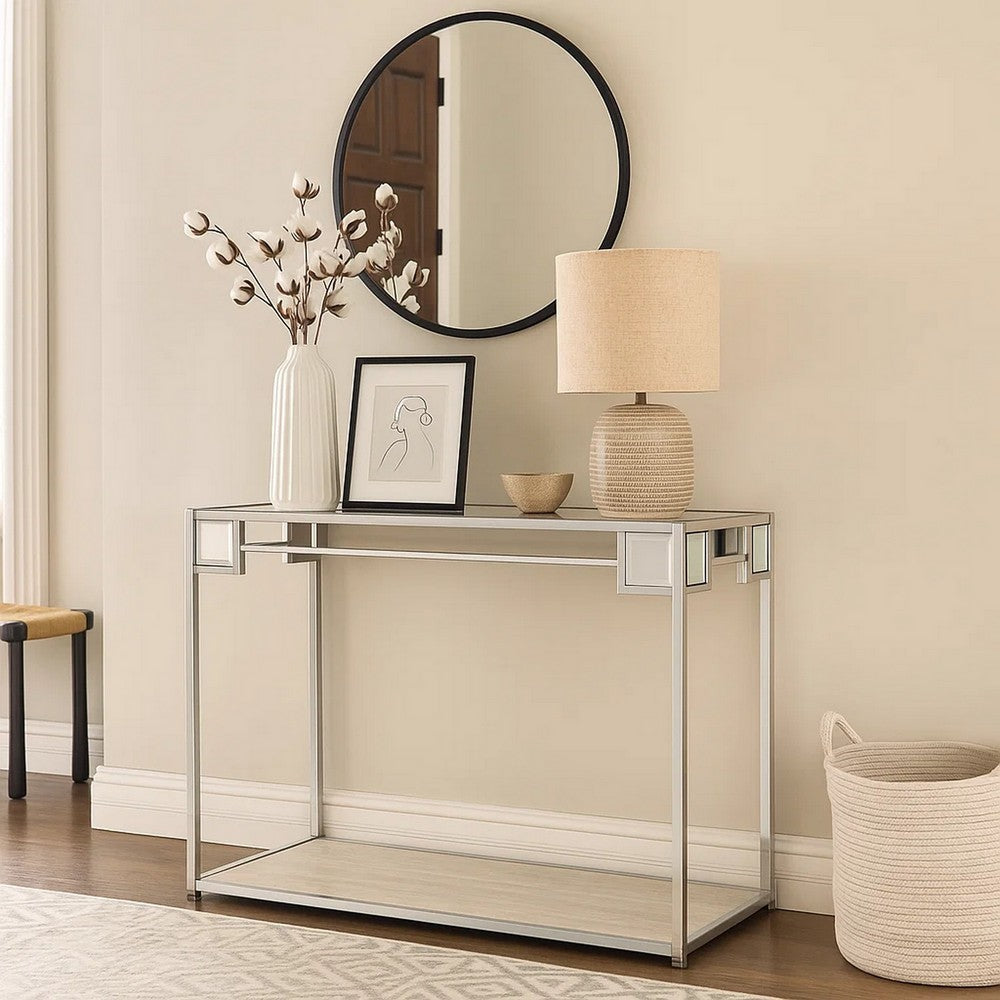 Mirror Top Metal Console Table with Wooden Open Bottom Shelf, Silver - BM226901