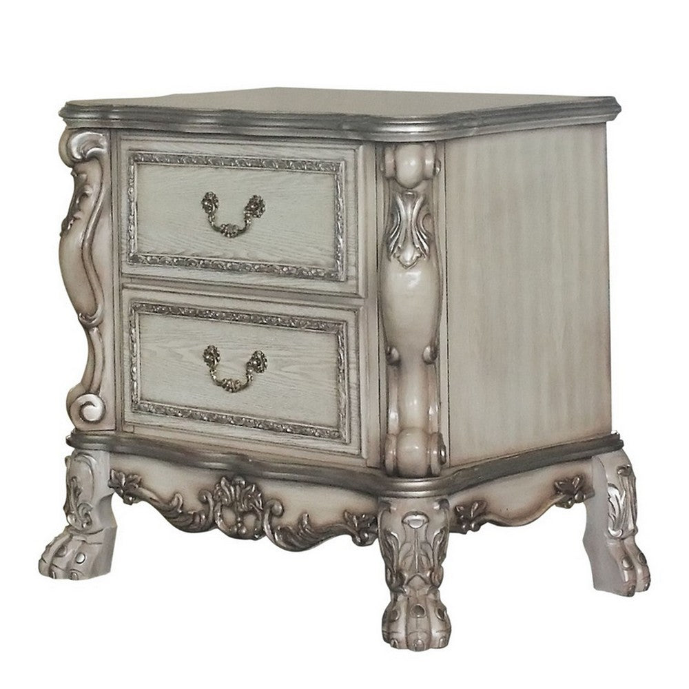 Traditional Wooden Nightstand with 2 Drawers and Carved Details, Silver - BM226924