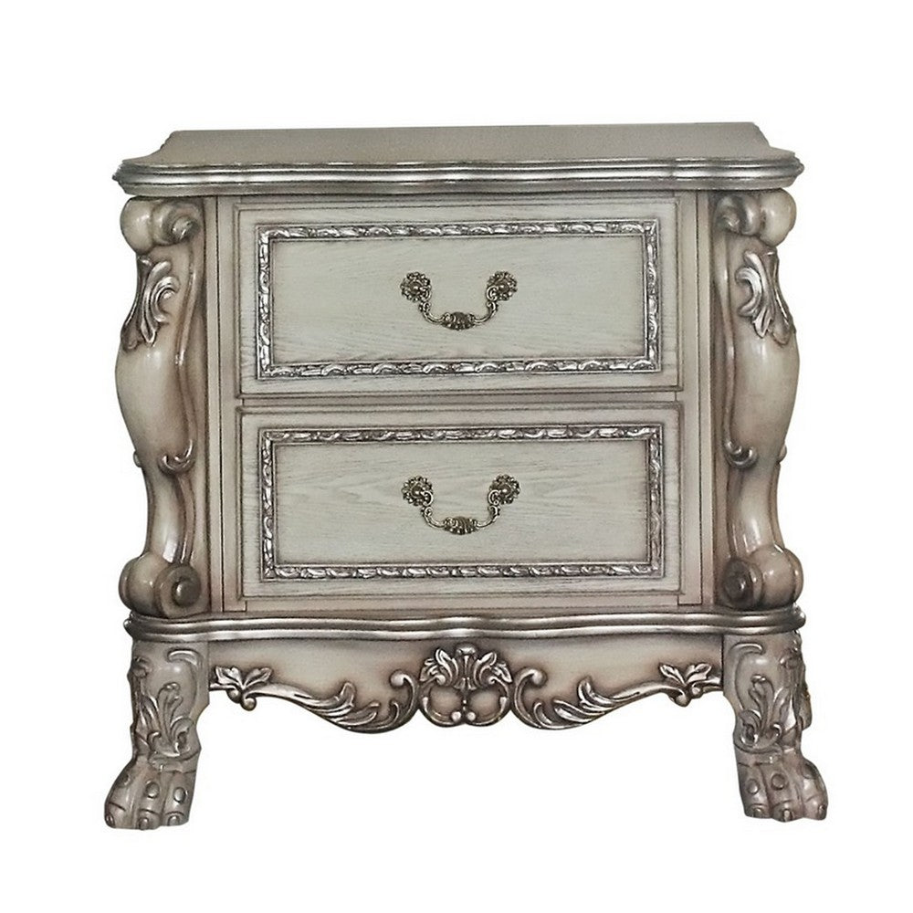 Traditional Wooden Nightstand with 2 Drawers and Carved Details, Silver - BM226924