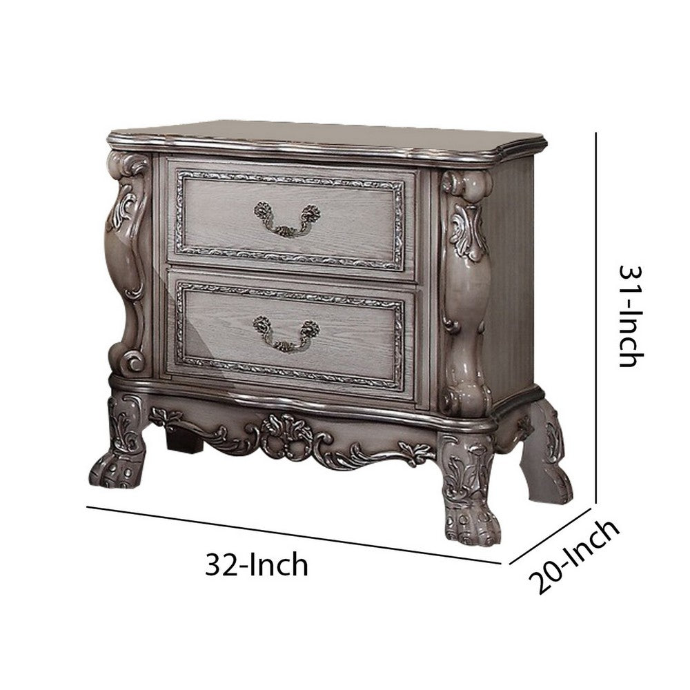 Traditional Wooden Nightstand with 2 Drawers and Carved Details, Silver - BM226924