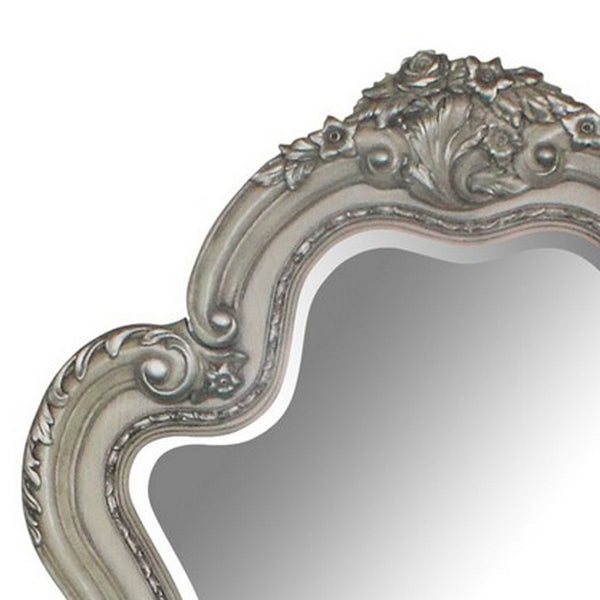 Arch Shape Wooden Frame Wall Mirror with Carved Details, Antique Silver - BM226925