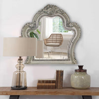 Arch Shape Wooden Frame Wall Mirror with Carved Details, Antique Silver - BM226925