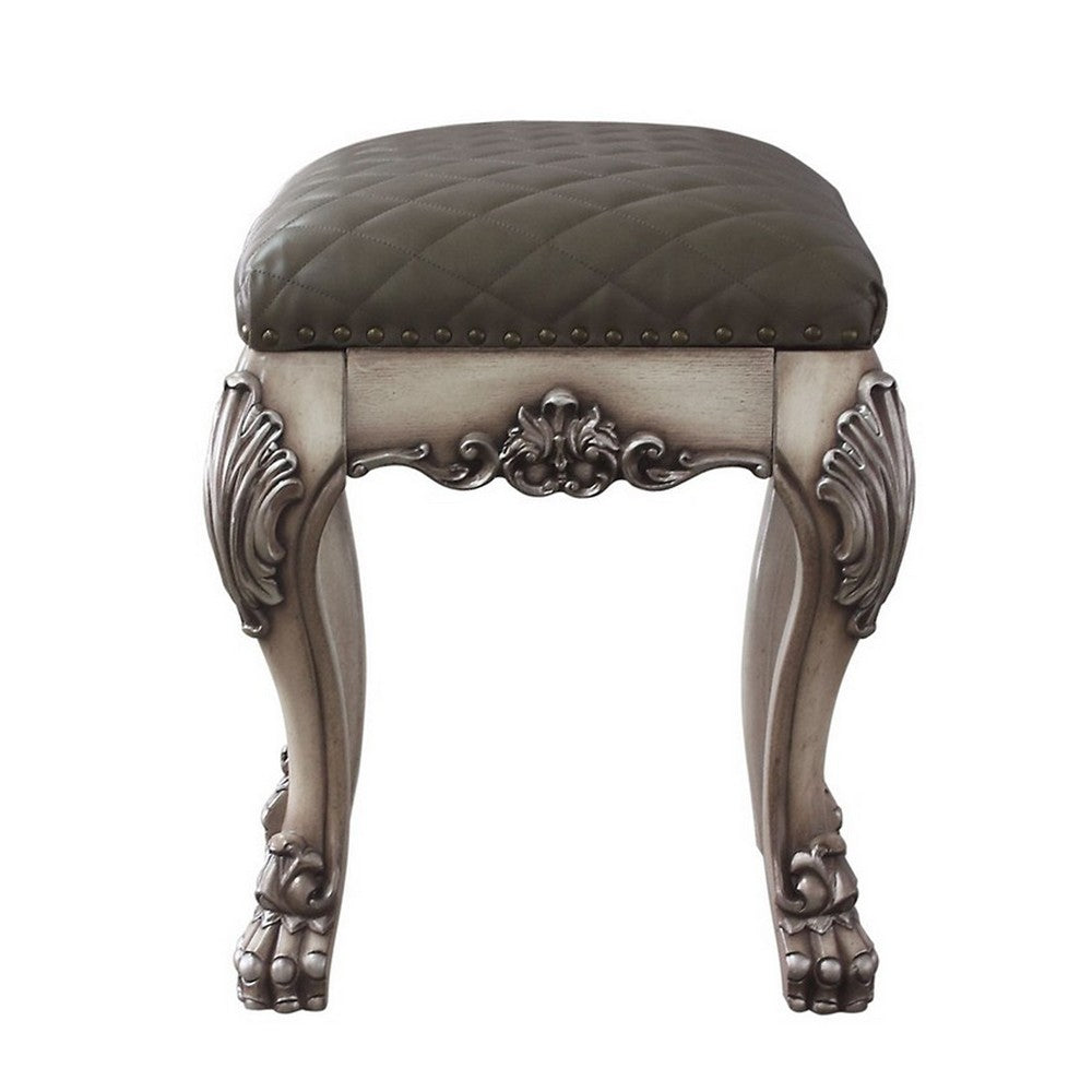 Traditional Wooden Vanity Stool with Leatherette Set and Clack Legs, Gray - BM226928