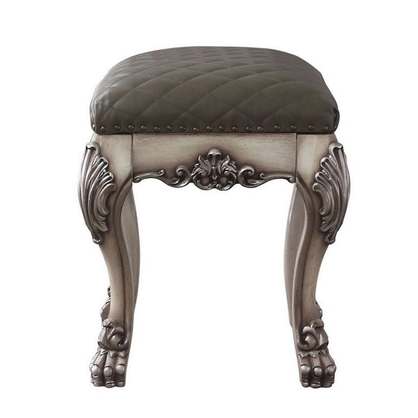 Traditional Wooden Vanity Stool with Leatherette Set and Clack Legs, Gray - BM226928