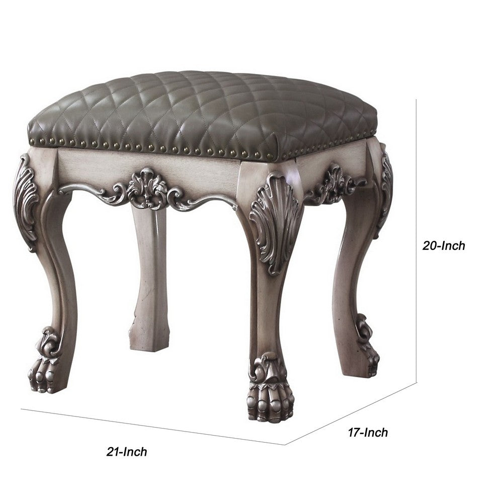 Traditional Wooden Vanity Stool with Leatherette Set and Clack Legs, Gray - BM226928