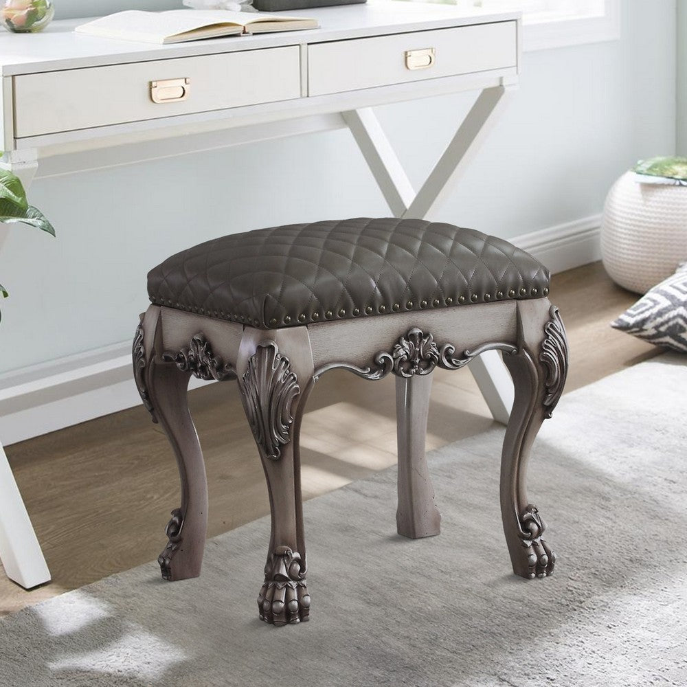 Traditional Wooden Vanity Stool with Leatherette Set and Clack Legs, Gray - BM226928