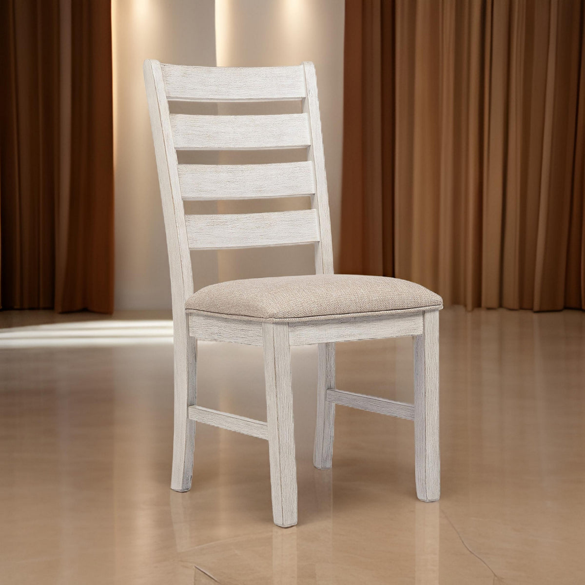 Fabric Dining Side Chair with Ladder Back, Set of 2, White and Brown - BM227028