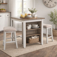 3 Piece Counter Height Table and Barstool Set, Antique White and Brown - BM227029
