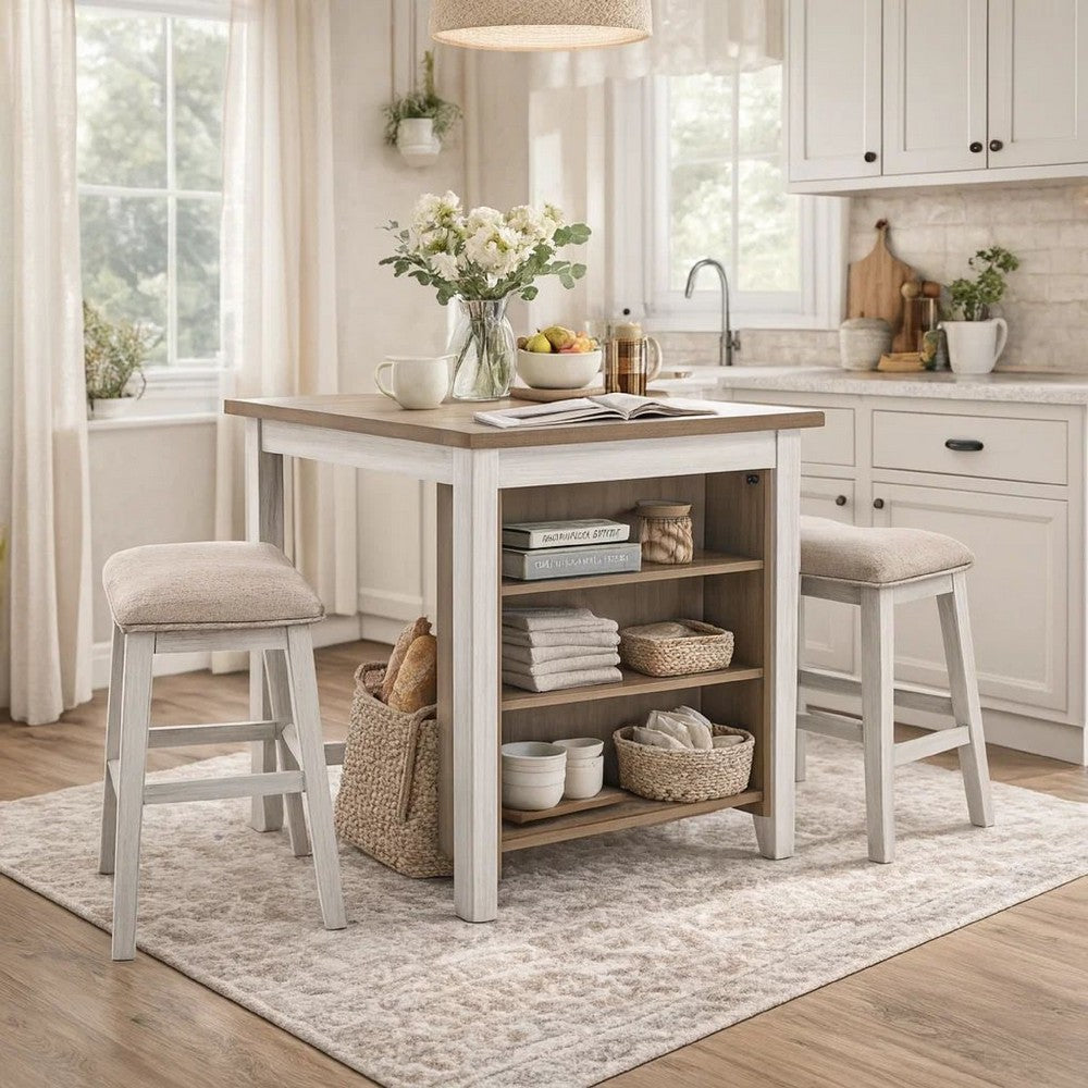 3 Piece Counter Height Table and Barstool Set, Antique White and Brown - BM227029