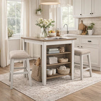3 Piece Counter Height Table and Barstool Set, Antique White and Brown - BM227029