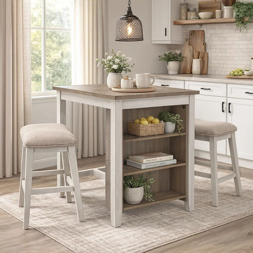 3 Piece Counter Height Table and Barstool Set, Antique White and Brown - BM227029