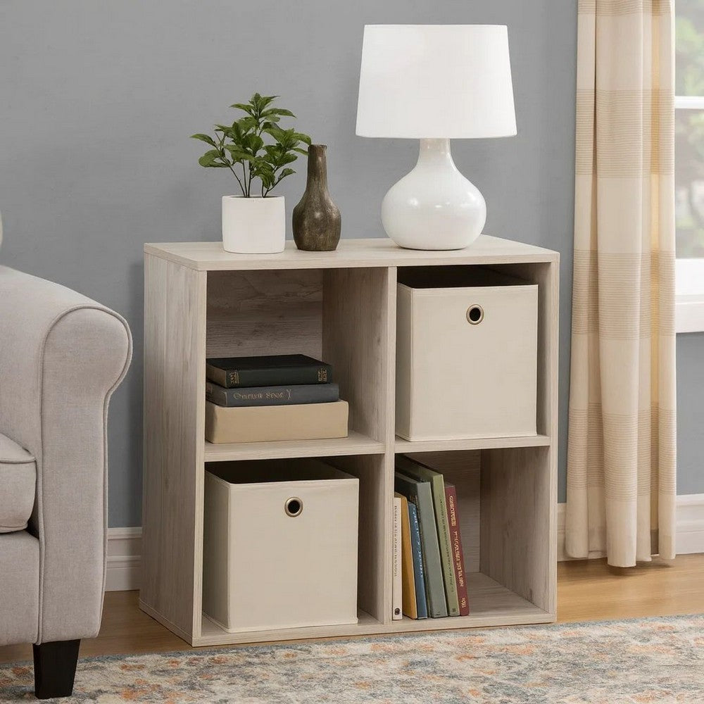 4 Cube Wooden Organizer with Grain Details, Washed White - BM227055