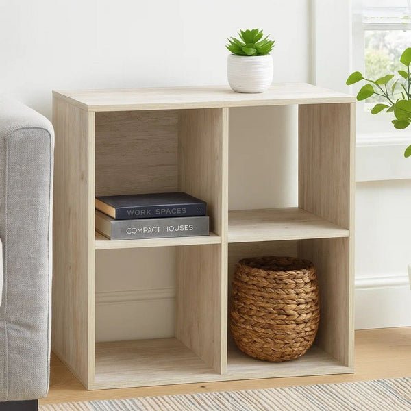 4 Cube Wooden Organizer with Grain Details, Washed White - BM227055