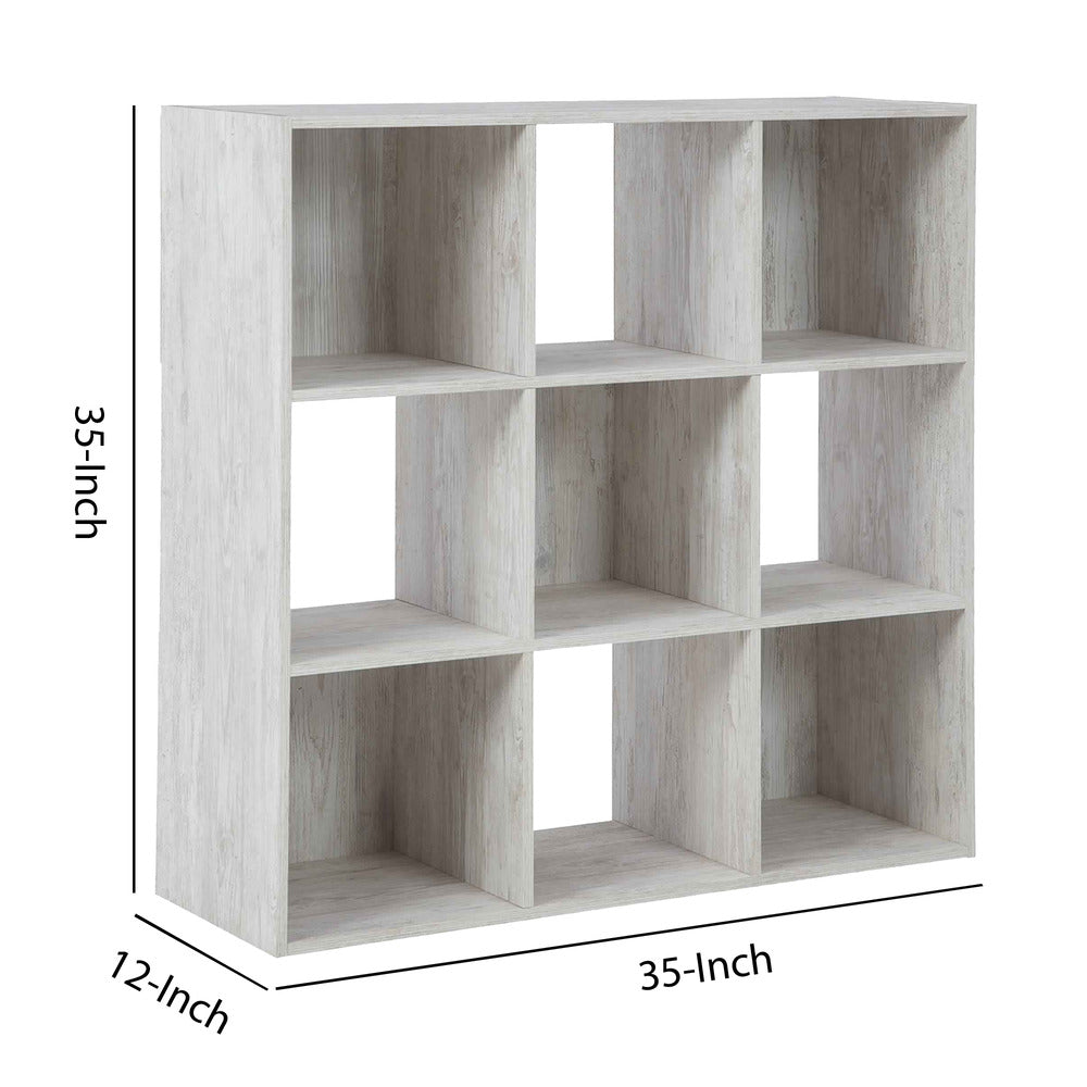 9 Cube Wooden Organizer with Grain Details, Washed White - BM227058