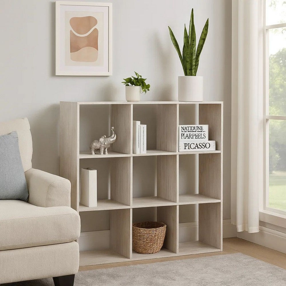 9 Cube Wooden Organizer with Grain Details, Washed White - BM227058