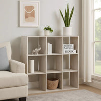 9 Cube Wooden Organizer with Grain Details, Washed White - BM227058