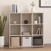9 Cube Wooden Organizer with Grain Details, Washed White - BM227058