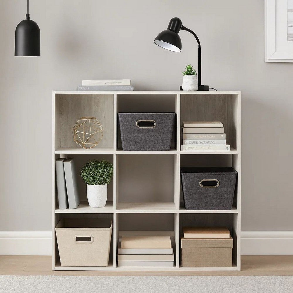 9 Cube Wooden Organizer with Grain Details, Washed White - BM227058