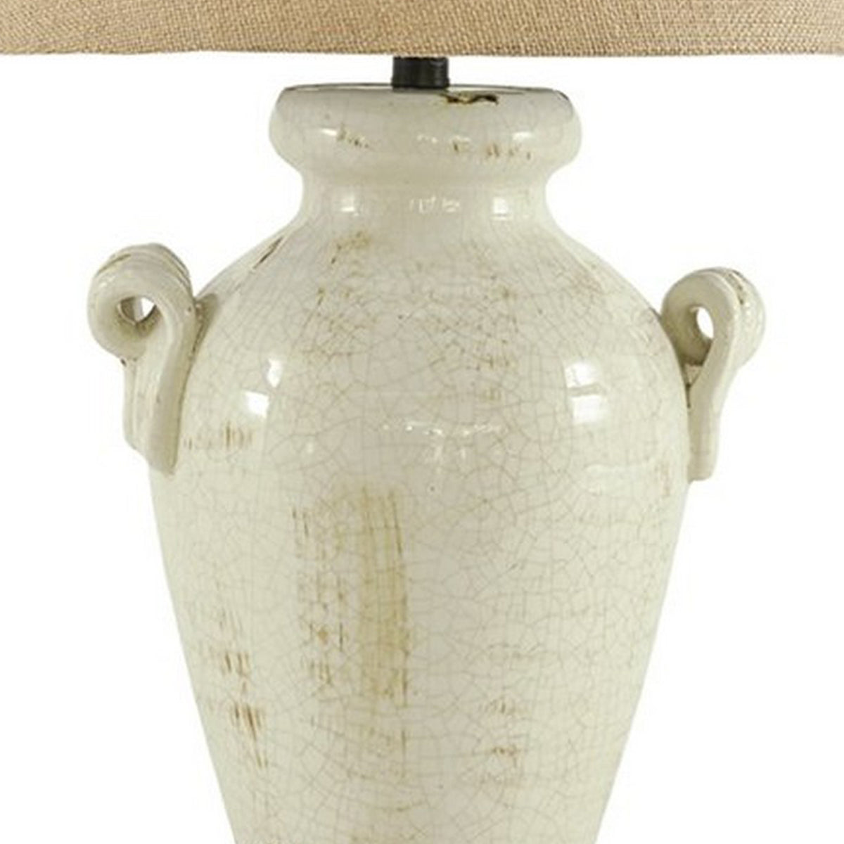 Ceramic Table Lamp with Vase Shaped Body and Fabric Shade, White and Beige  - BM227187
