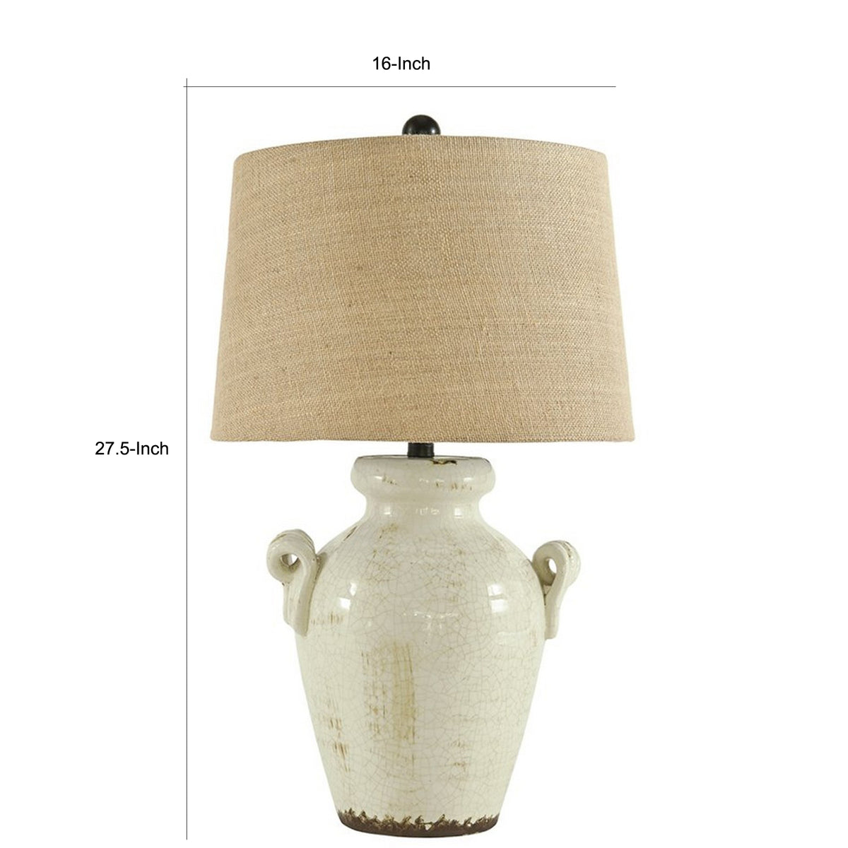 Ceramic Table Lamp with Vase Shaped Body and Fabric Shade, White and Beige  - BM227187