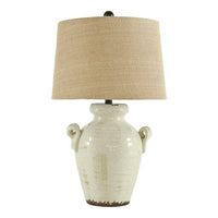 Ceramic Table Lamp with Vase Shaped Body and Fabric Shade, White and Beige  - BM227187