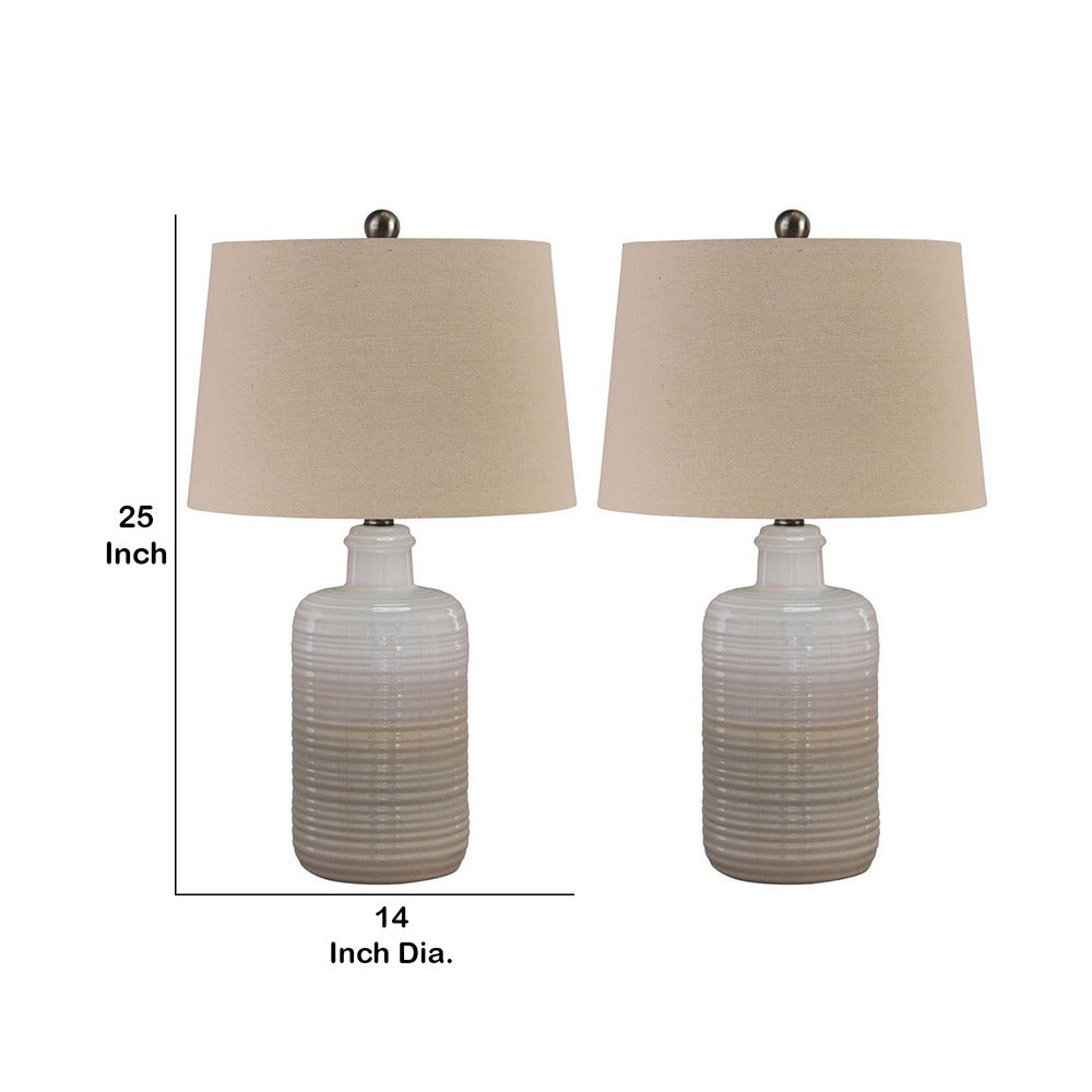 Ceramic Body Table Lamp with Brushed Details, Set of 2, Beige and White - BM227188