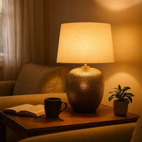 Bellied metal Body Table Lamp with Splotched Details, Brass and Cream - BM227196