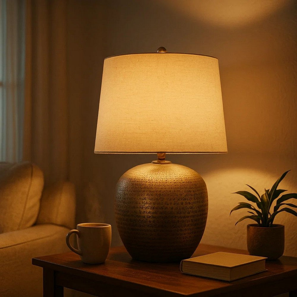 Bellied metal Body Table Lamp with Splotched Details, Brass and Cream - BM227196